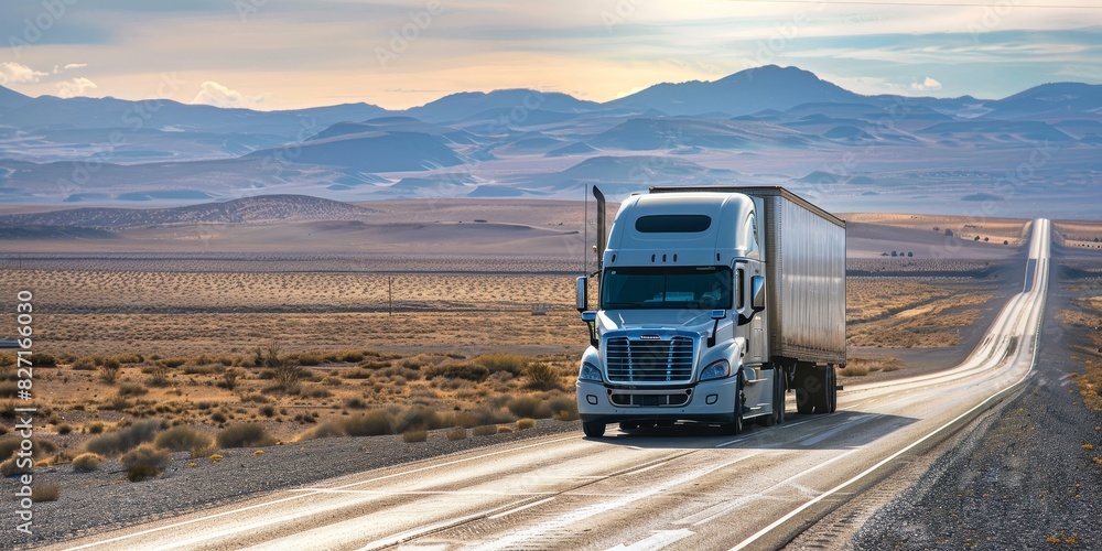 A semi truck drives down a lonely highway through a barren desert landscape.