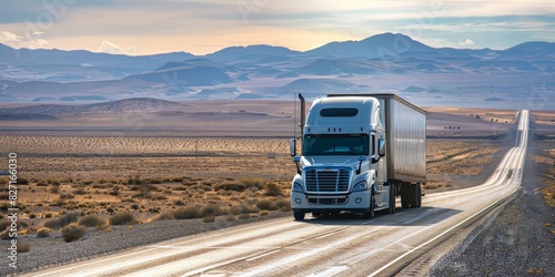 A semi truck drives down a lonely highway through a barren desert landscape.