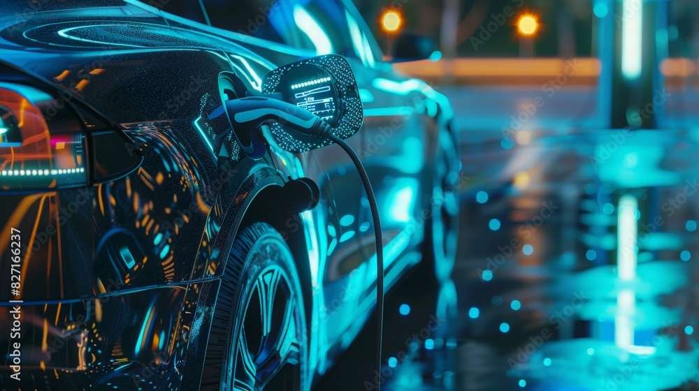 Closeup EV charger plug into electric car for electric recharging from electric charging station display smart digital battery status hologram. Future innovation and green energy sustainability Closeup EV charger plug into electric car for electric recharging from electric charging station display smart digital battery status hologram. Future innovation and green energy sustainability