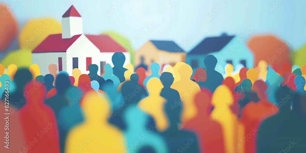 Blurred image of a crowd of colorful people in front of a church. Blurred image of a crowd of colorful people in front of a church.