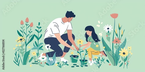 Father and daughter planting flowers in the garden