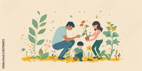 Father and daughter planting a flower in the garden.