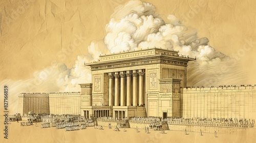 Dedication of Solomon's Temple, Cloud of God's Glory Filling Structure, Biblical Illustration, Beige Background, Copyspace