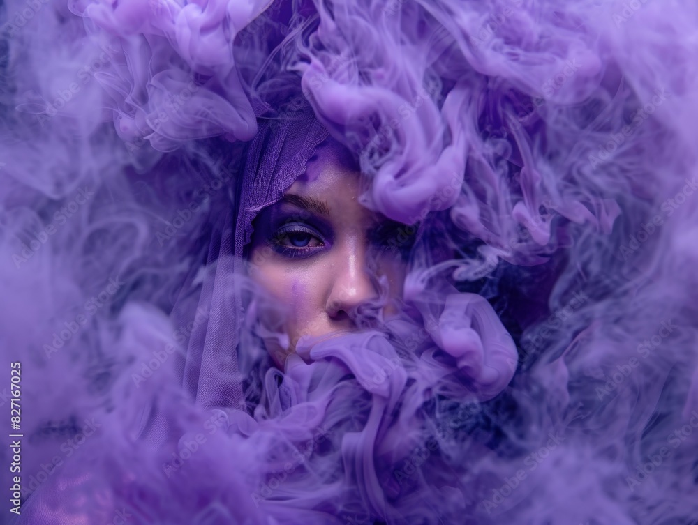 A woman with a veil on her head is covered in purple smoke A woman with a veil on her head is covered in purple smoke