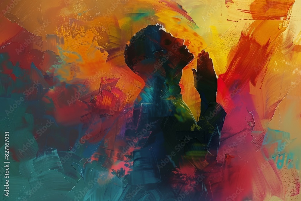 Abstract art. Colorful painting art of a man praying and worshiping. Christian worship and praise illustration