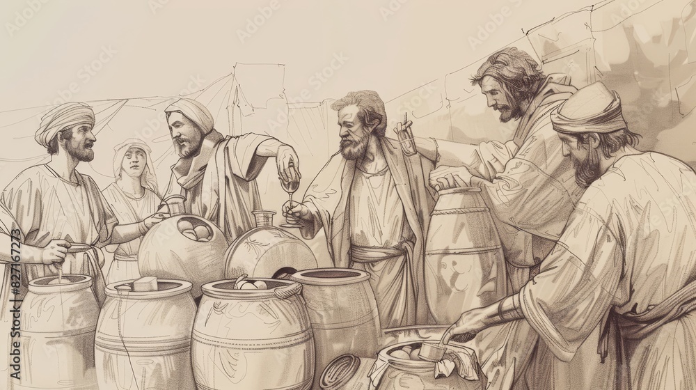Biblical Illustration of Water to Wine Miracle at Cana, Servants Filling Jars, Guests Marveling, Beige Background, Copyspace Biblical Illustration of Water to Wine Miracle at Cana, Servants Filling Jars, Guests Marveling, Beige Background, Copyspace