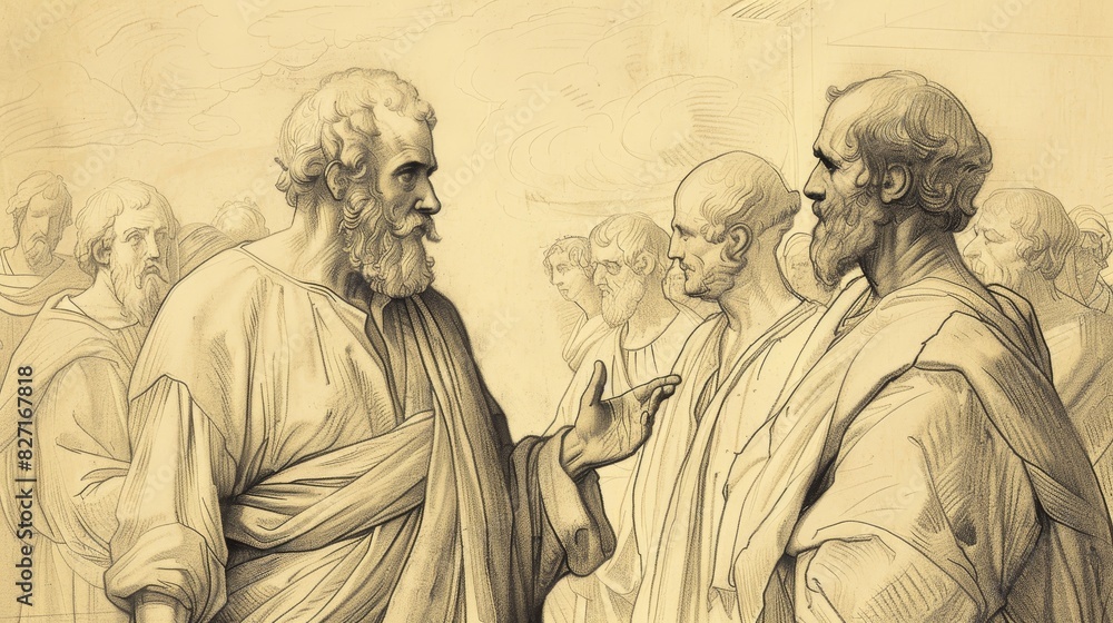 Fototapeta premium Biblical Illustration of Conversion of Cornelius, Peter Witnesses Holy Spirit Falling on All Present, Beige Background, Copyspace