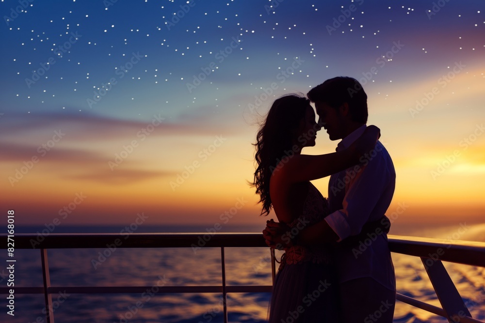 Silhouette of a loving couple dancing on a deck under a starfilled sky, with the warm hues of sunset in the background Silhouette of a loving couple dancing on a deck under a starfilled sky, with the warm hues of sunset in the background