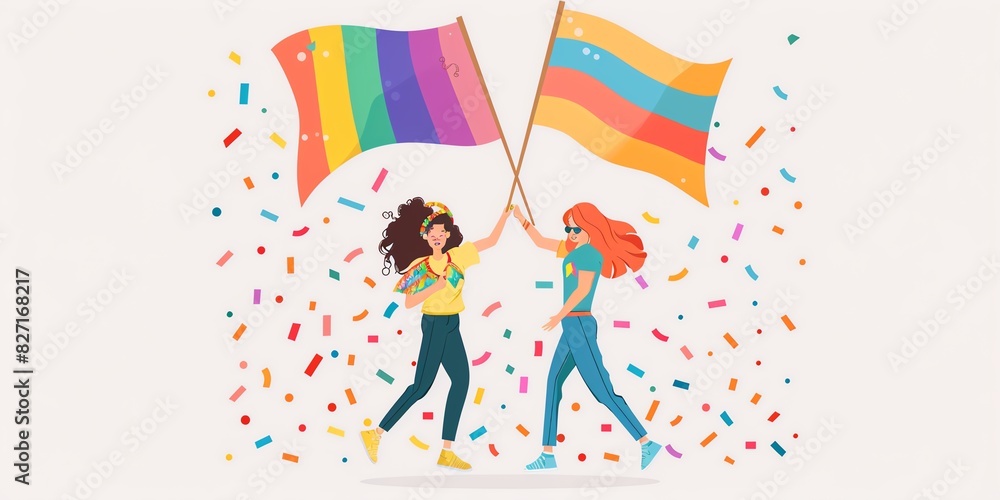 Two happy women celebrating with rainbow flags. Pride, LGBT, love is love, tolerance, diversity, equality. Vector illustration in flat cartoon style. Two happy women celebrating with rainbow flags. Pride, LGBT, love is love, tolerance, diversity, equality. Vector illustration in flat cartoon style.