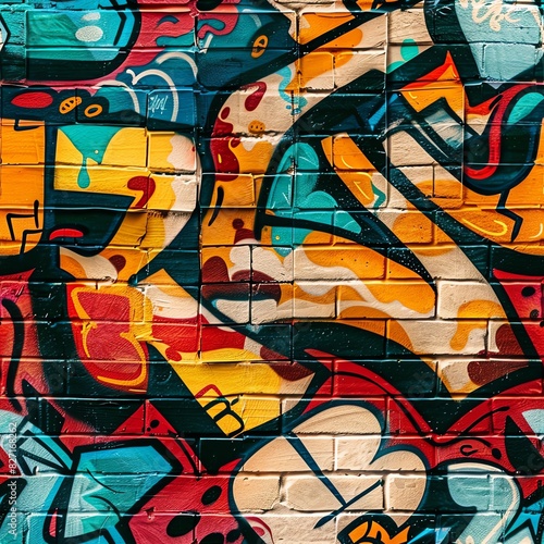 A close-up of stylized graffiti tags on a brick wall, showcasing intricate lettering and vibrant color combinations in an urban alley