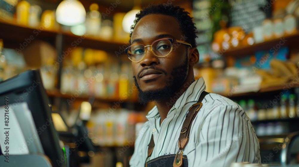 Portrait of an African American man in an apron standing behind a bar in a small cafe. A young black man works as a cashier indoors. Business and money concept. Consumerism. Portrait of an African American man in an apron standing behind a bar in a small cafe. A young black man works as a cashier indoors. Business and money concept. Consumerism.
