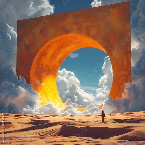 A surreal desert landscape featuring white clouds entering a large yellow square portal, with sand dunes stretching into the horizon List of Art Media illustration