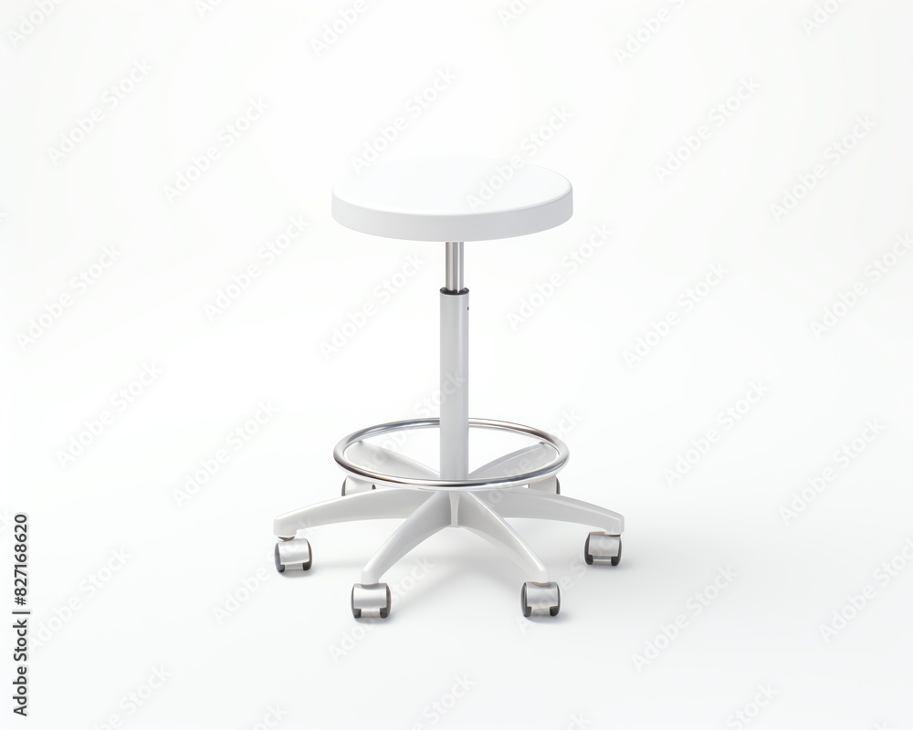 Minimalistic white office stool with a round seat and wheels, perfect for workspace or home office use. Minimalistic white office stool with a round seat and wheels, perfect for workspace or home office use.