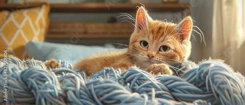 Design a mischievous kitten tangled in a yarn ball, set against a cozy living room backdrop in digital CG 3D with pastel hues for a storybook feel