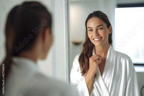 Beauty Concept. Portrait Of Attractive Happy Woman Looking At Mirror In Bathroom Beauty Concept. Portrait Of Attractive Happy Woman Looking At Mirror In Bathroom, Beautiful Millennial Lady Wearing 