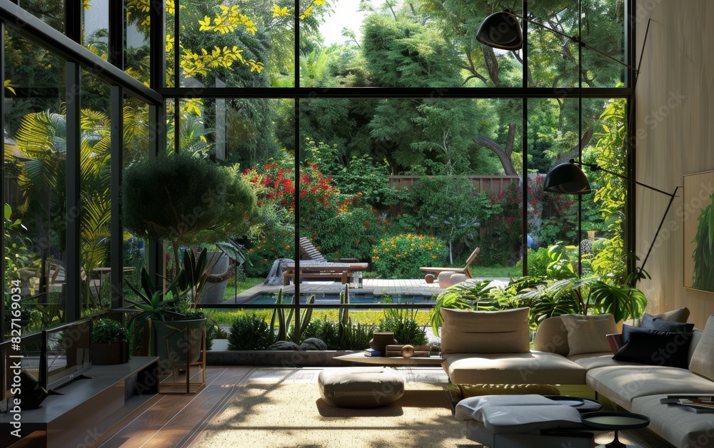 Fototapeta premium Design a modern living room with floor-to-ceiling windows, showcasing a panoramic view of a lush garden