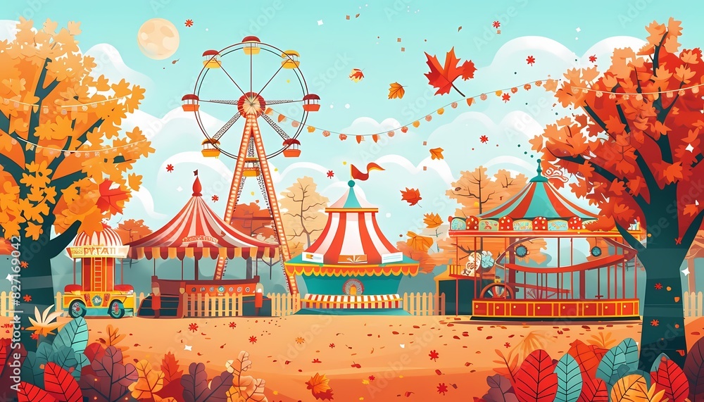 Design a flat style autumn fair with rides and colorful decorations Design a flat style autumn fair with rides and colorful decorations