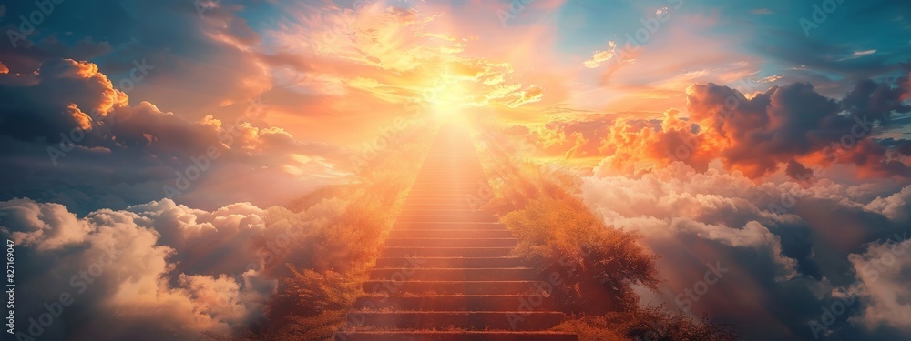 Fototapeta premium Stairway Leading Up To Sky At Sunrise - Resurrection And Entrance Of Heaven