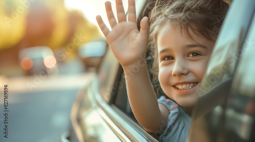Happy young girl waves goodbye from the backseat of a car, capturing a moment of joyful departure in warm sunlight photo