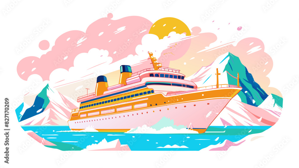 Majestic Cruise Ship Sailing Past Snowy Mountains Under a Sunset Sky Majestic Cruise Ship Sailing Past Snowy Mountains Under a Sunset Sky
