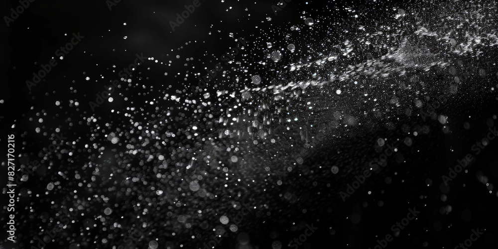 Fototapeta premium Water spray on black background, white water droplets falling in the air, particles of dust floating in space.Abstract black and white bokeh lights with sparkling particles creating a dramatic