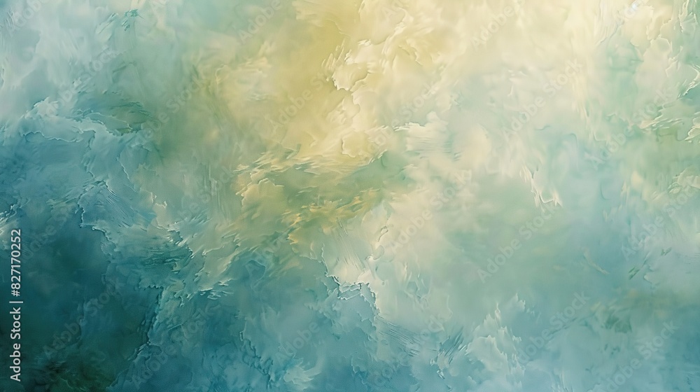 Closeup of a finely textured paint surface resembling delicate brush strokes and wispy clouds. Soft shades of blue green and yellow blend together seamlessly a reflection