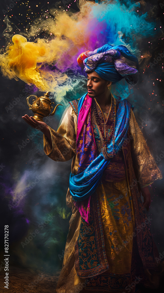 Fototapeta premium A young wizard summons a magical Genie from a lamp, colorful smoke and the feel of an Arabian old fairy tale, vertical travel advertising poster for popular destinations