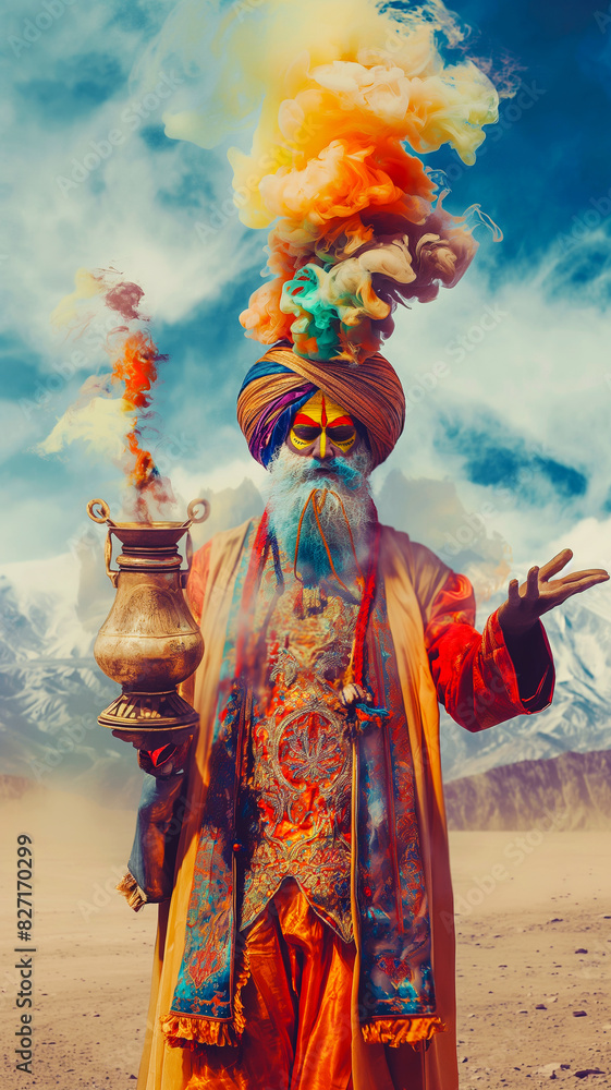 Naklejka premium The wizard, dressed in a regal oriental outfit, summons the Genie from the lamp, radiates an aura of mysticism and miracles, vertical portrait