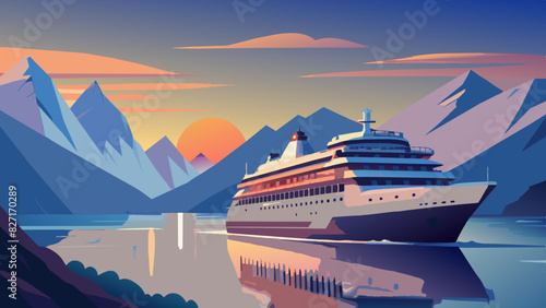 Majestic Cruise Ship Sailing through Mountainous Fjords at Sunset