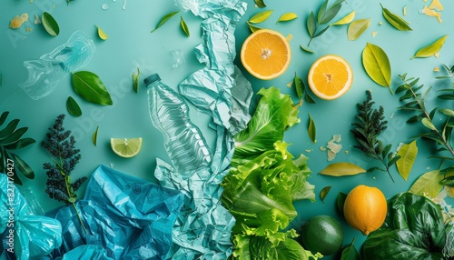 Design a striking digital composition that contrasts a traditional plastic product with its eco-friendly counterpart made from renewable resources photo