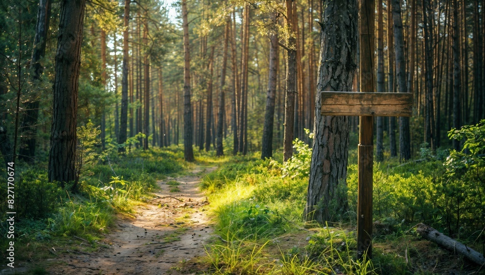 Idyllic forest clearing and wood sign pointing to towering pines. Reconnect with mother nature, copy space text. Peaceful woodland retreat background Idyllic forest clearing and wood sign pointing to towering pines. Reconnect with mother nature, copy space text. Peaceful woodland retreat background
