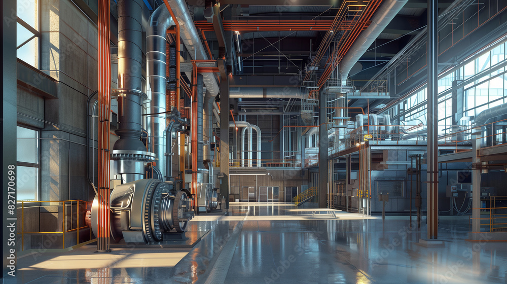 A large industrial building with a lot of pipes and valves A large industrial building with a lot of pipes and valves