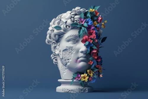 A stoic statue of a woman adorned with flowers in her hair