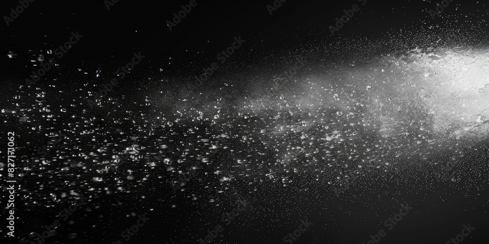 Water spray on black background, white water droplets falling in the air, particles of dust floating in space.Abstract black and white bokeh lights with sparkling particles creating a dramatic