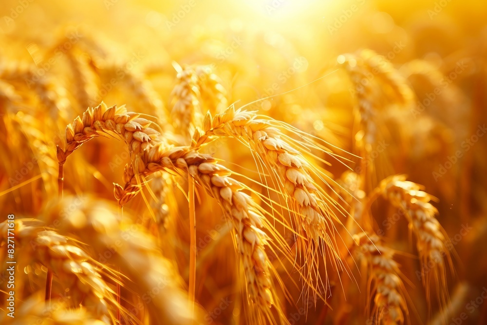Wheat field. Ears of golden wheat close up. Beautiful Nature Sunset Landscape. Rural Scenery under Shining Sunlight. Background of ripening ears of meadow wheat field. generative ai. Wheat field. Ears of golden wheat close up. Beautiful Nature Sunset Landscape. Rural Scenery under Shining Sunlight. Background of ripening ears of meadow wheat field. generative ai.