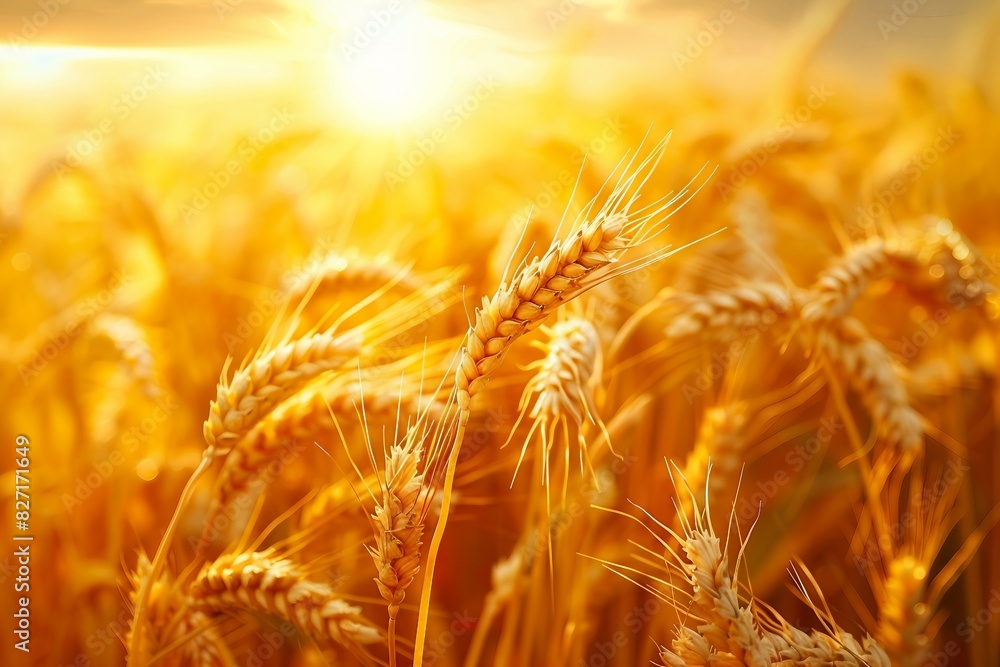 Wheat field. Ears of golden wheat close up. Beautiful Nature Sunset Landscape. Rural Scenery under Shining Sunlight. Background of ripening ears of meadow wheat field. generative ai. Wheat field. Ears of golden wheat close up. Beautiful Nature Sunset Landscape. Rural Scenery under Shining Sunlight. Background of ripening ears of meadow wheat field. generative ai.