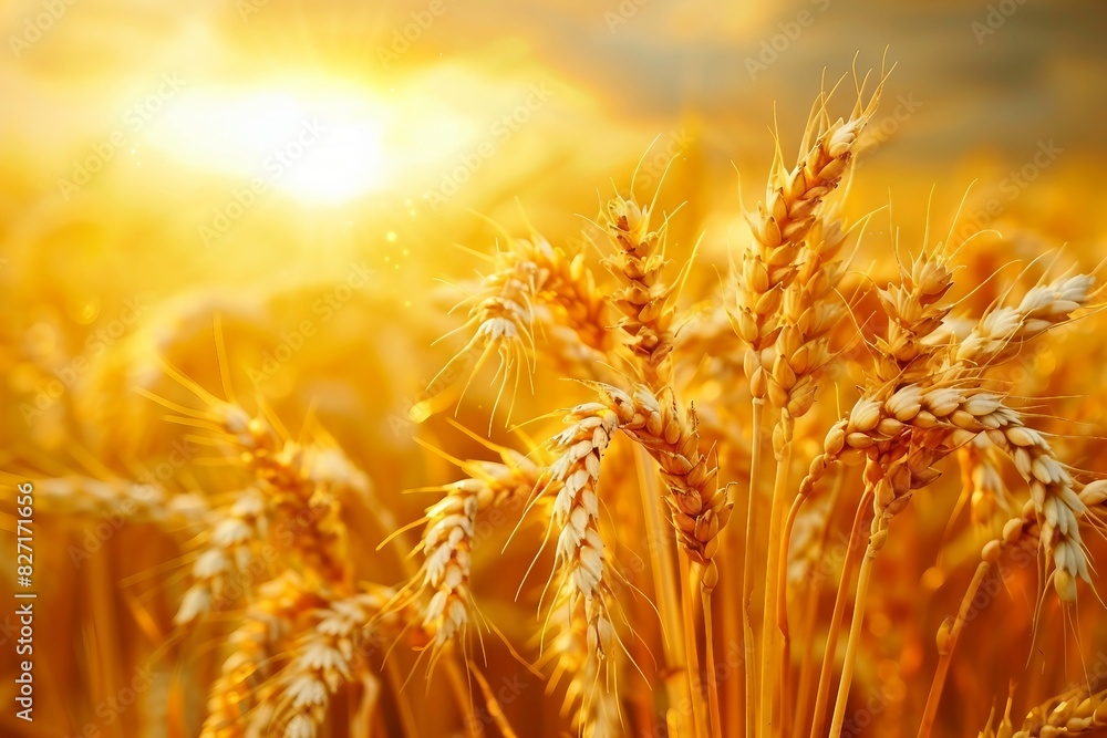 Wheat field. Ears of golden wheat close up. Beautiful Nature Sunset Landscape. Rural Scenery under Shining Sunlight. Background of ripening ears of meadow wheat field. generative ai. Wheat field. Ears of golden wheat close up. Beautiful Nature Sunset Landscape. Rural Scenery under Shining Sunlight. Background of ripening ears of meadow wheat field. generative ai.