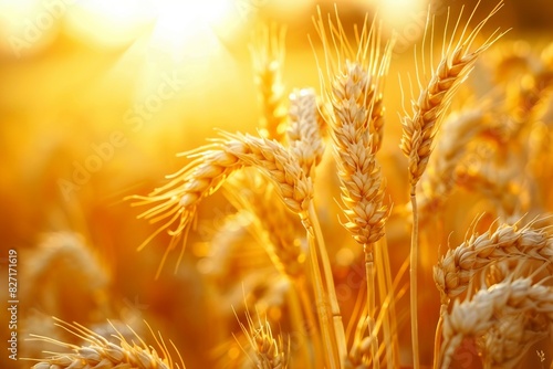 Wheat field. Ears of golden wheat close up. Beautiful Nature Sunset Landscape. Rural Scenery under Shining Sunlight. Background of ripening ears of meadow wheat field. generative ai.