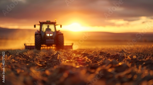 A tractor plowing a field at sunset photo