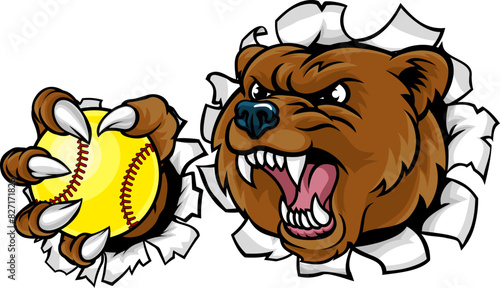 A bear animal softball sports team cartoon mascot