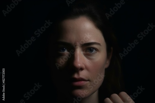 low key portrait of f aggressive adult woman face looking at camera
