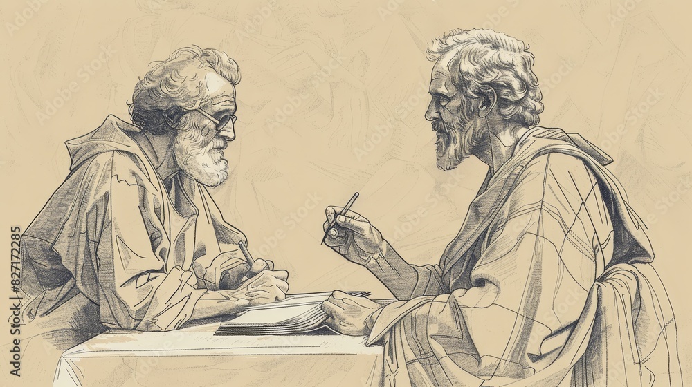 Fototapeta premium Apostle John Receiving Revelation on Patmos, Writing Down Visions of Future, Risen Christ, Biblical Illustration, Beige Background, Copyspace