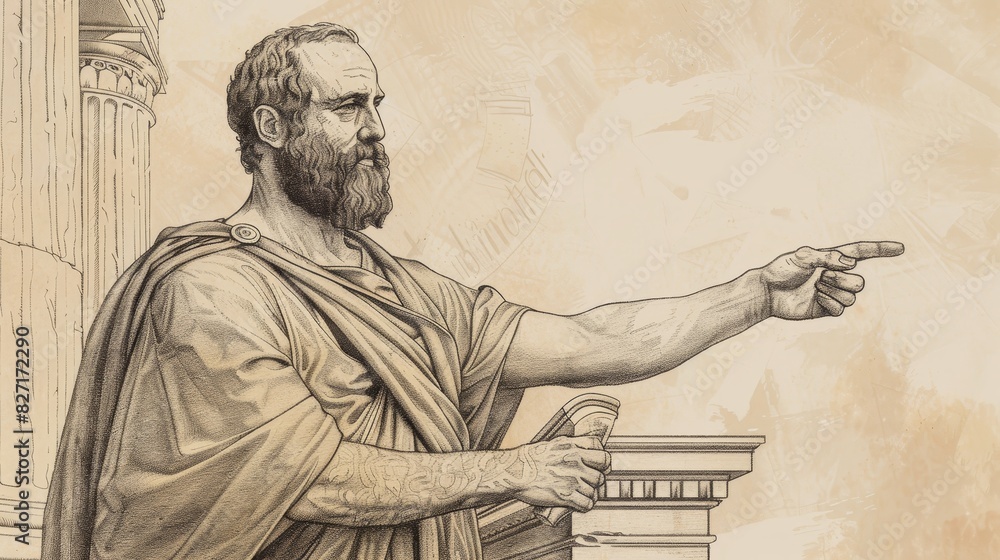 Fototapeta premium Apostle Paul in Athens, Preaching About 'Unknown God' at Areopagus, Biblical Illustration, Beige Background, Copyspace