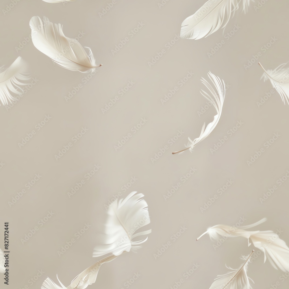 Obraz premium A serene image of soft feathers floating gently against a light background, creating a peaceful and minimalist aesthetic
