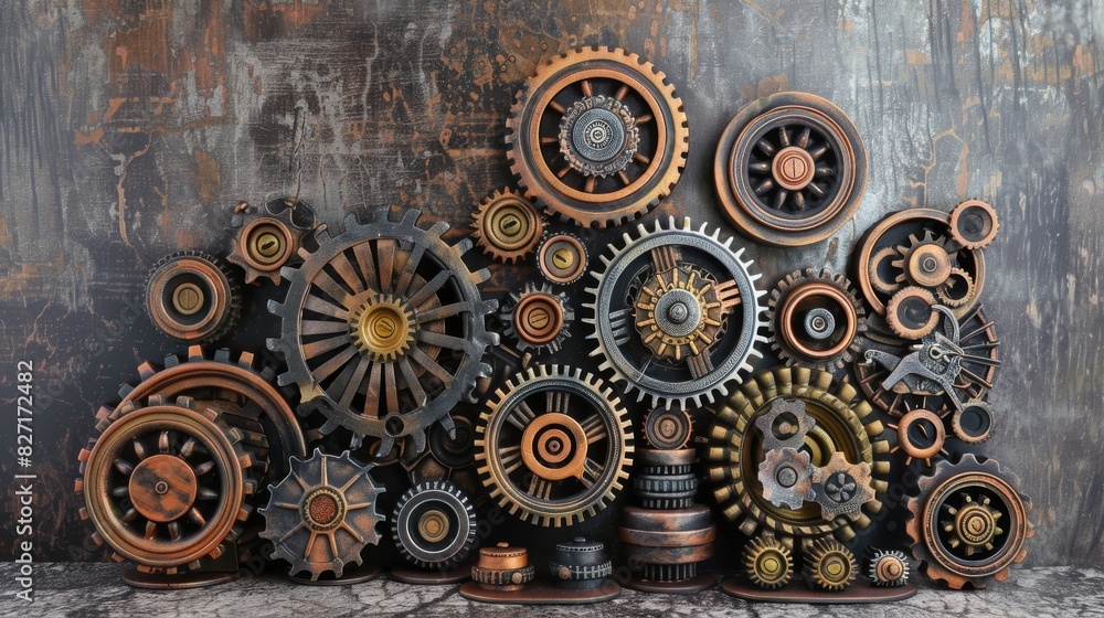 Detailed mechanical gears and cogs, industrial and intricate, perfect for a steampunkthemed decor