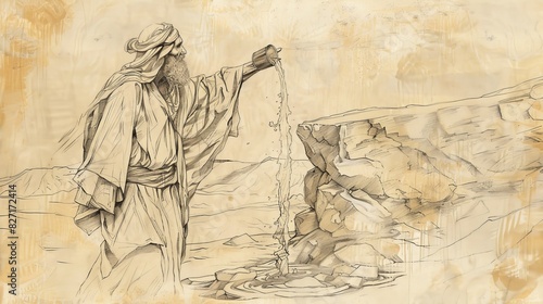 Moses Striking Rock at Horeb, Water Flowing Out, Israelites in Desert, Biblical Illustration, Beige Background, Copyspace photo