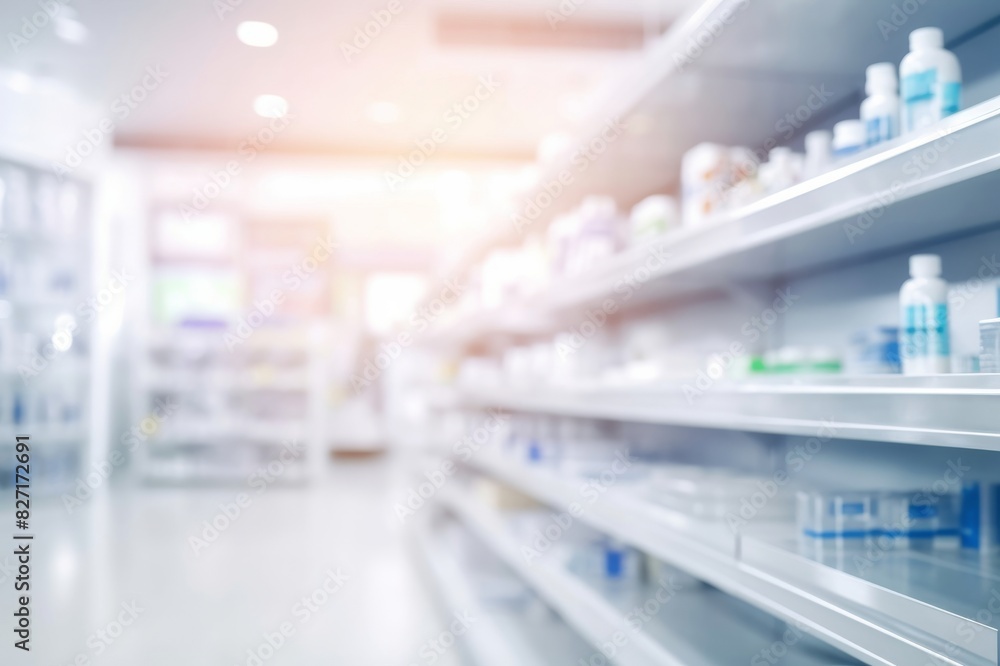 pharmacy medicine shelf in a row blurred background