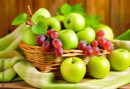 A basket filled with green apples and grapes sitting on a wooden table with a checkered tablecloth