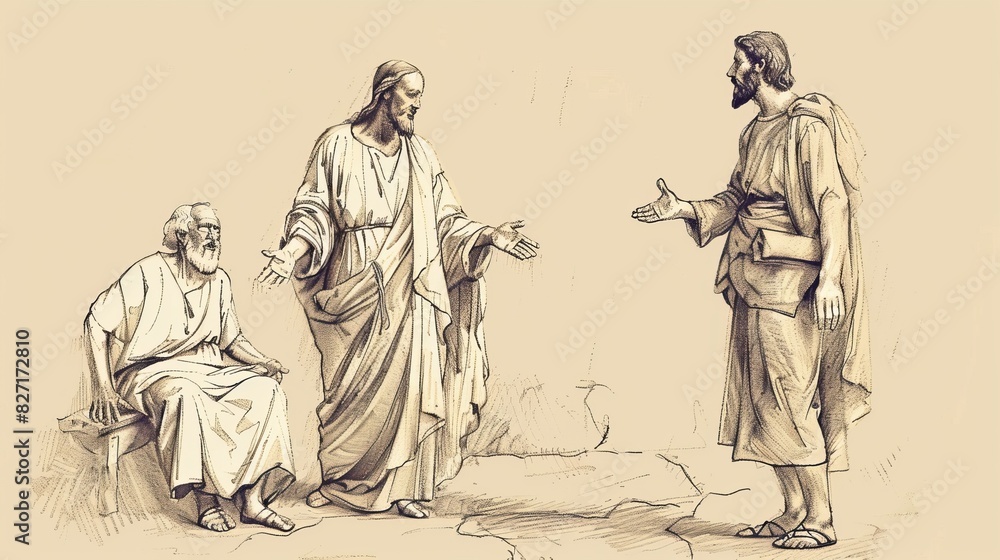 Jesus Telling Parable of Wise and Foolish Builders, Houses on Rock and Sand, Storm Approaching, Biblical Illustration, Beige Background, Copyspace Jesus Telling Parable of Wise and Foolish Builders, Houses on Rock and Sand, Storm Approaching, Biblical Illustration, Beige Background, Copyspace