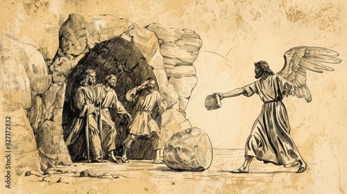 Angel Rolling Away Stone from Jesus Tomb on Easter Morning, Guards in Shock, Biblical Illustration, Beige Background, Copyspace